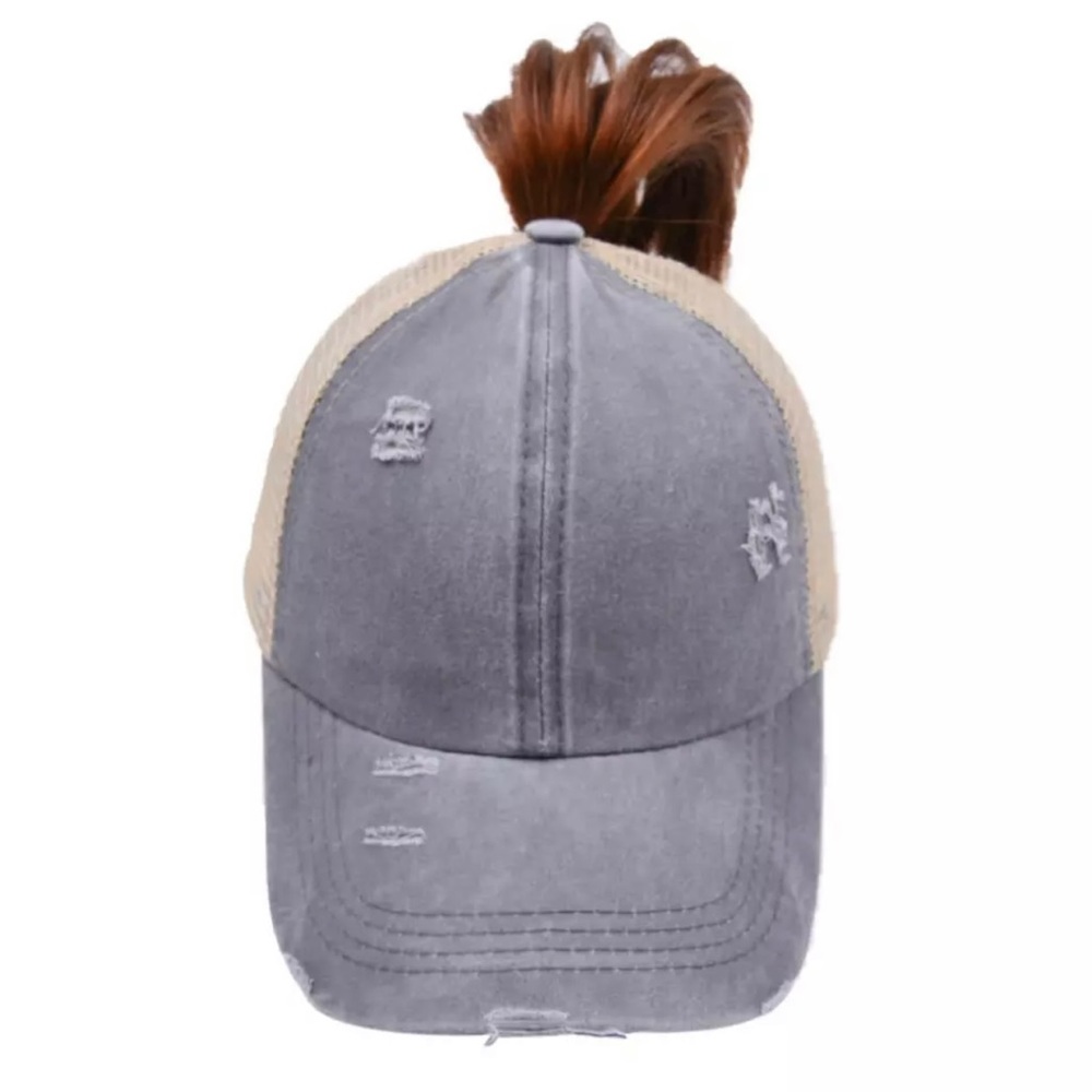 NWT “Perfectly Imperfect”Leather Patch Distressed Ponytail Trucker Hat - Picture 7 of 15